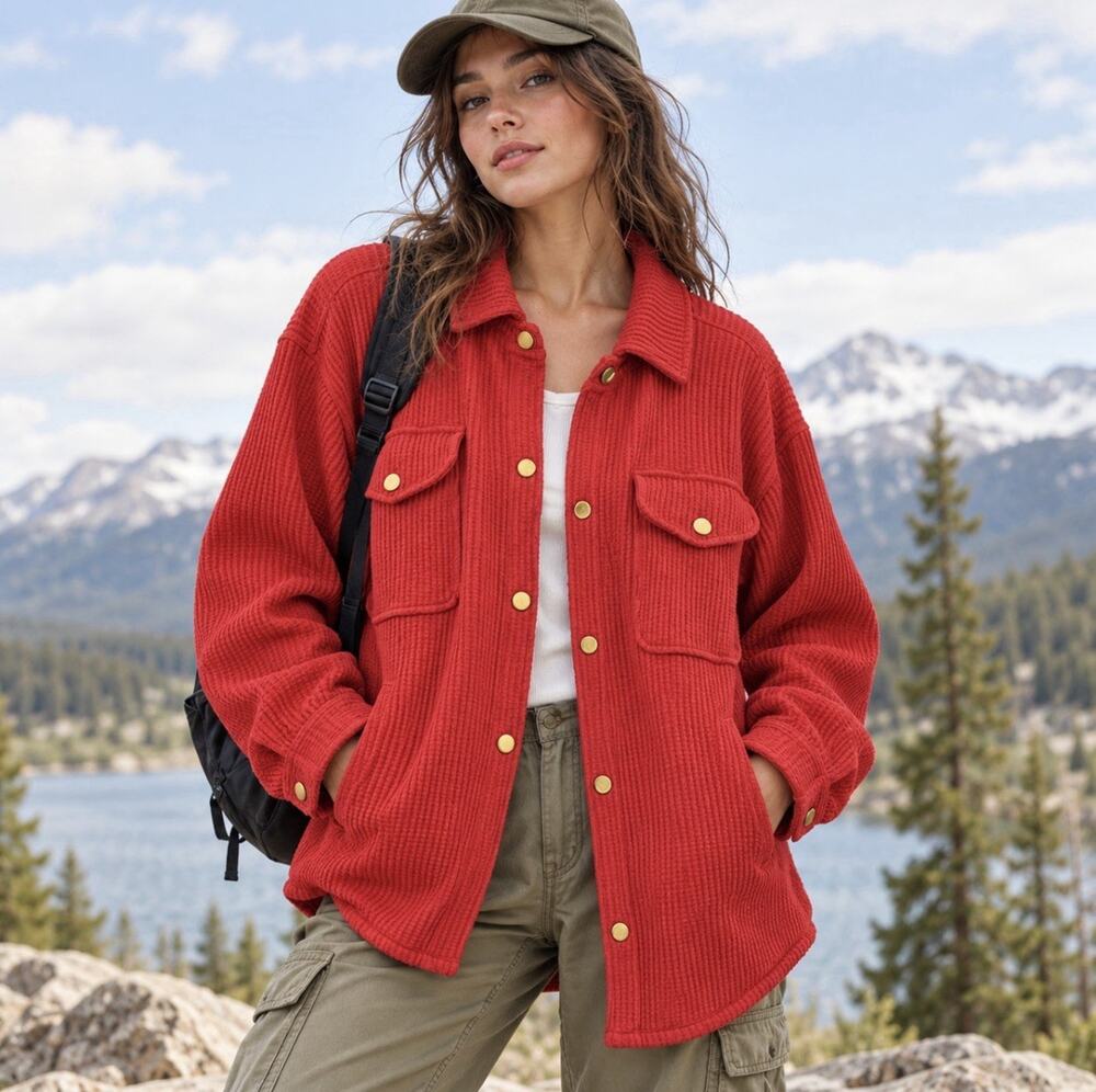 J.Crew XXL Red Waffle Knit Shacket Shirt Jacket Gold Snap Utility Oversized